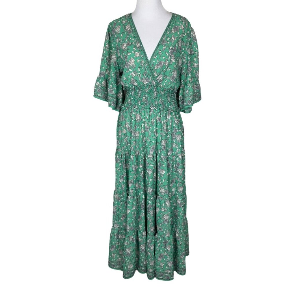 Max Studio Green Floral Maxi Dress Size M vneck wrap front boho cottagecore - Picture 1 of 6